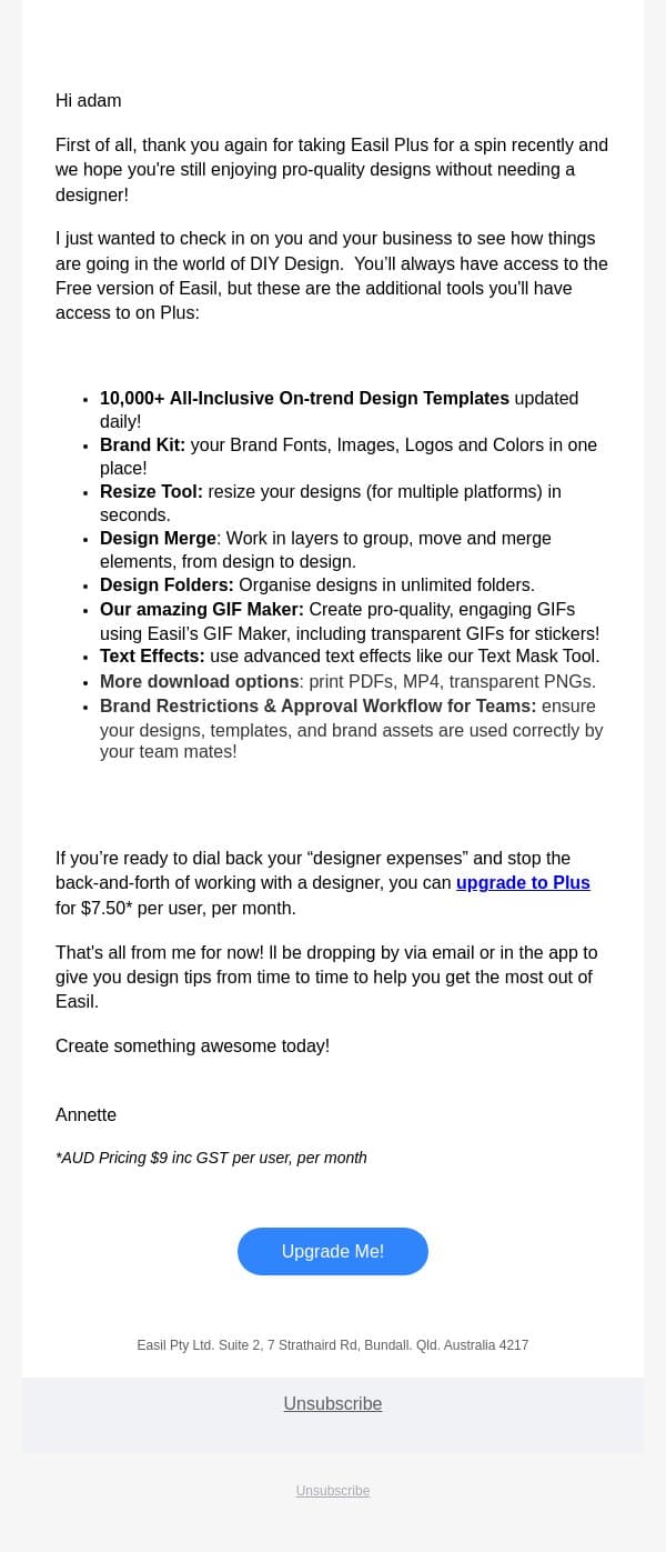 Thank you email from Easil screenshot
