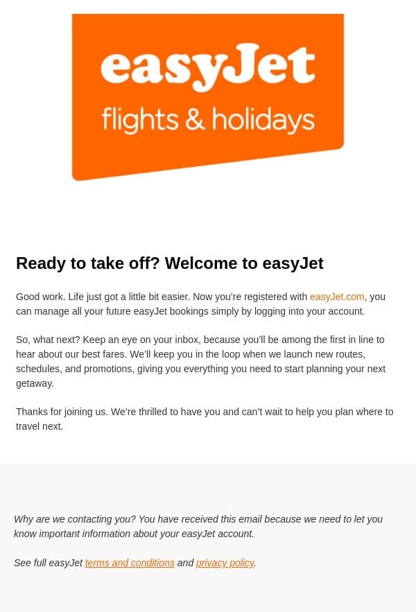 Ready to take off? Welcome to easyJet email from easyJet screenshot