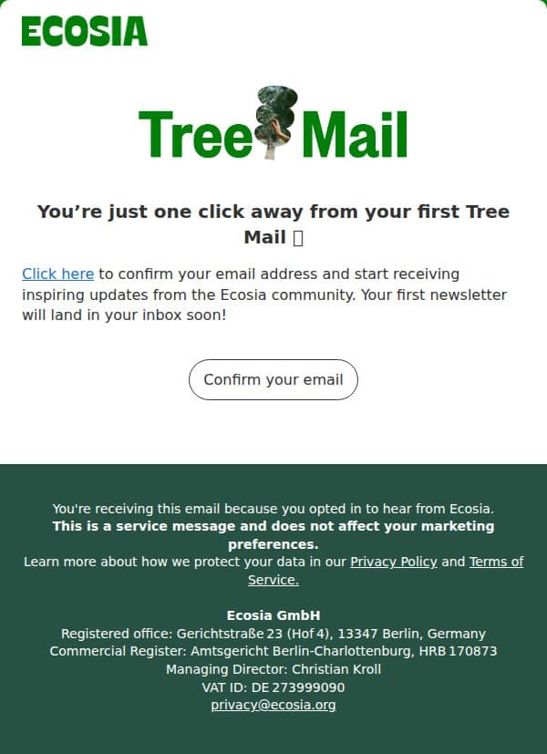 Almost there — confirm your email to get started! email from Ecosia screenshot