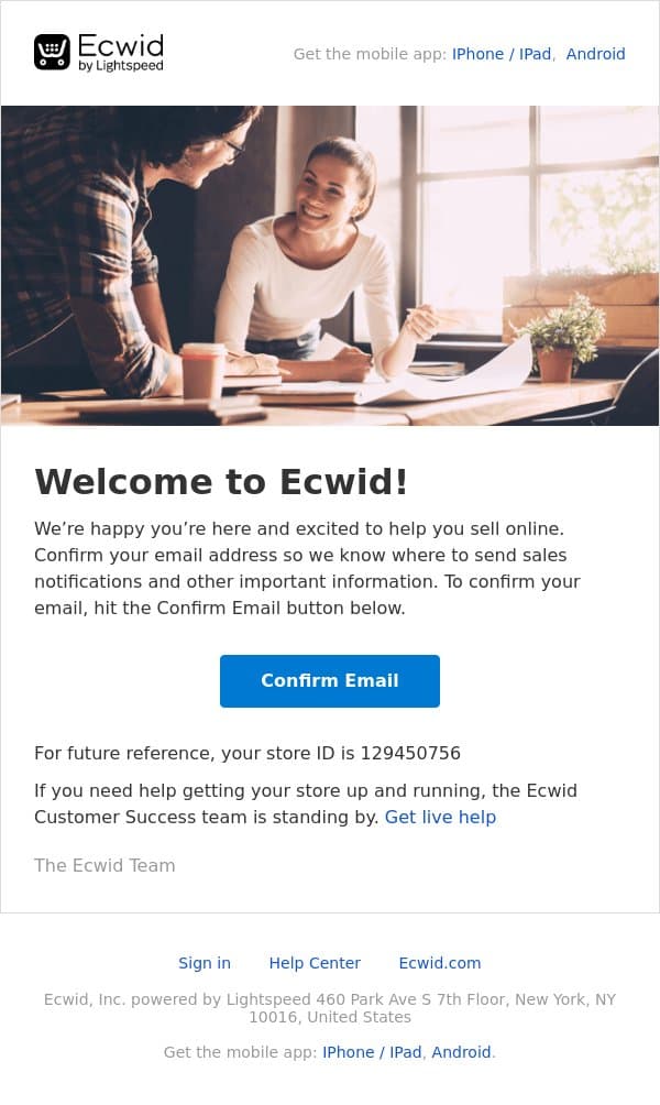 Welcome to Ecwid! email from Ecwid screenshot