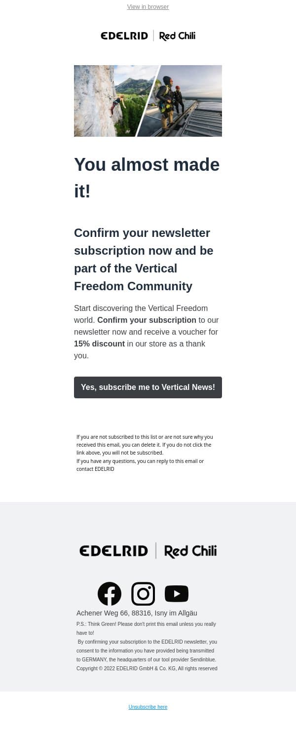 Confirm your subscription to the EDELRID Newsletter email from Edelrid screenshot