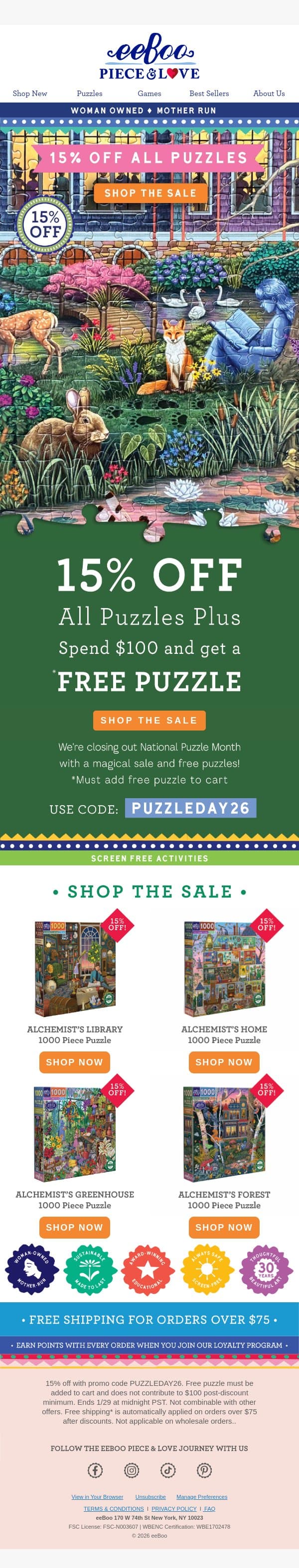 Get a FREE Puzzle with $100+ email from Eeboo screenshot
