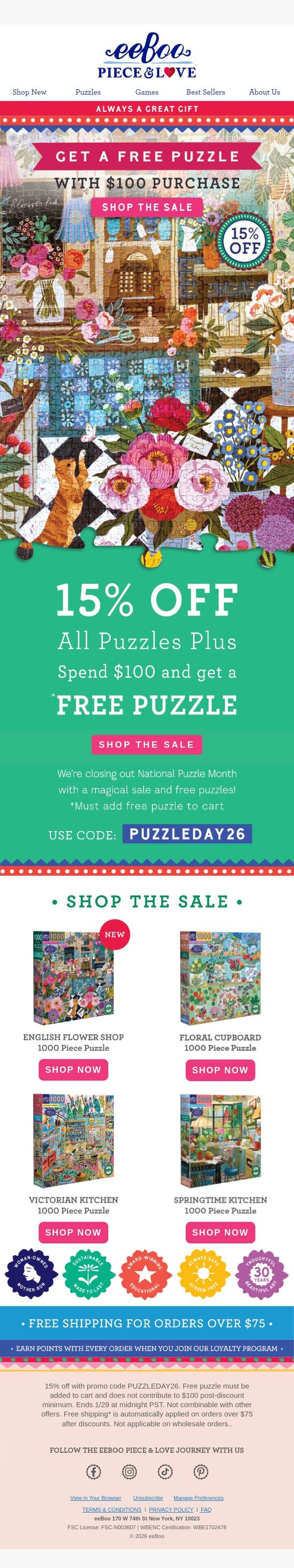 Free Puzzle with Purchases Over $100 email from Eeboo screenshot