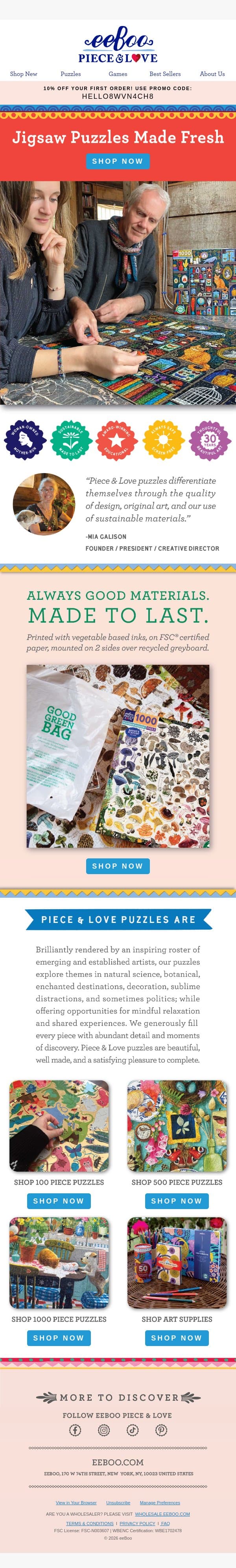 🌟 Welcome to the Piece & Love Puzzle newsletter! email from Eeboo screenshot