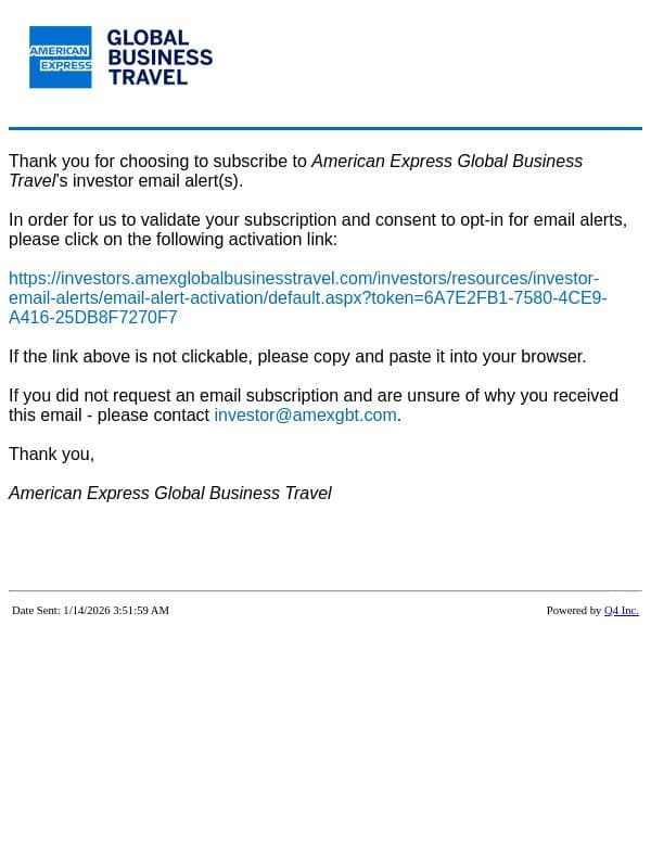 American Express Global Business Travel Website - Validate Account email from Egencia screenshot