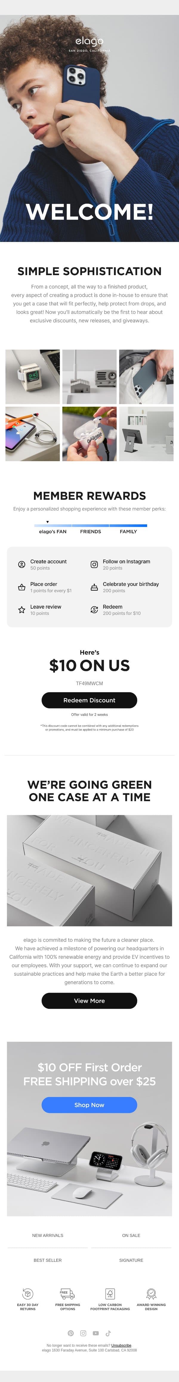 $10 off your first elago order email from Elago screenshot