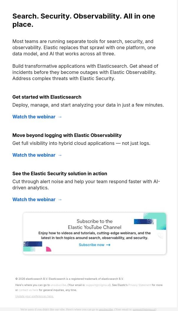 Your stack just got simpler email from Elastic screenshot