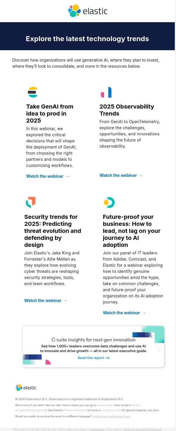 What’s next in GenAI, security, and observability email from Elastic screenshot