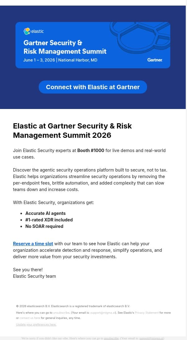 Connect with Elastic at Gartner Security & Risk Management Summit 2026 email from Elastic screenshot