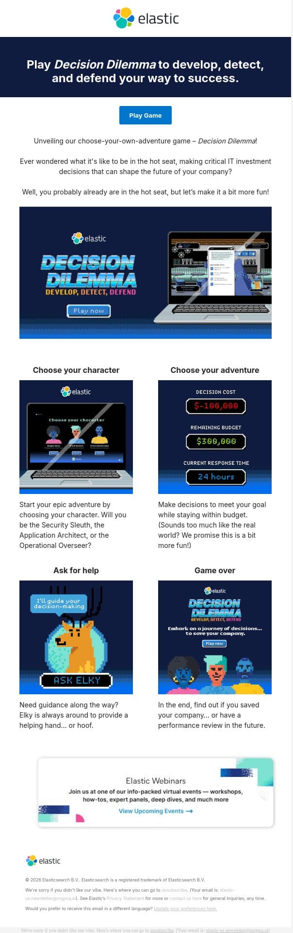 Can you solve the Decision Dilemma? email from Elastic screenshot
