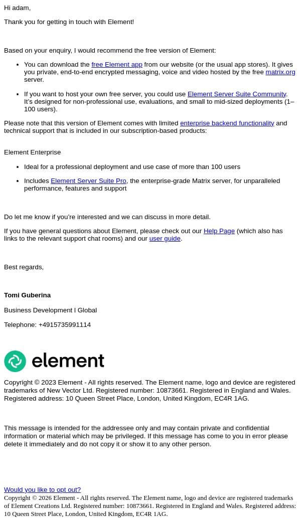 Element l Matrix email from Element screenshot