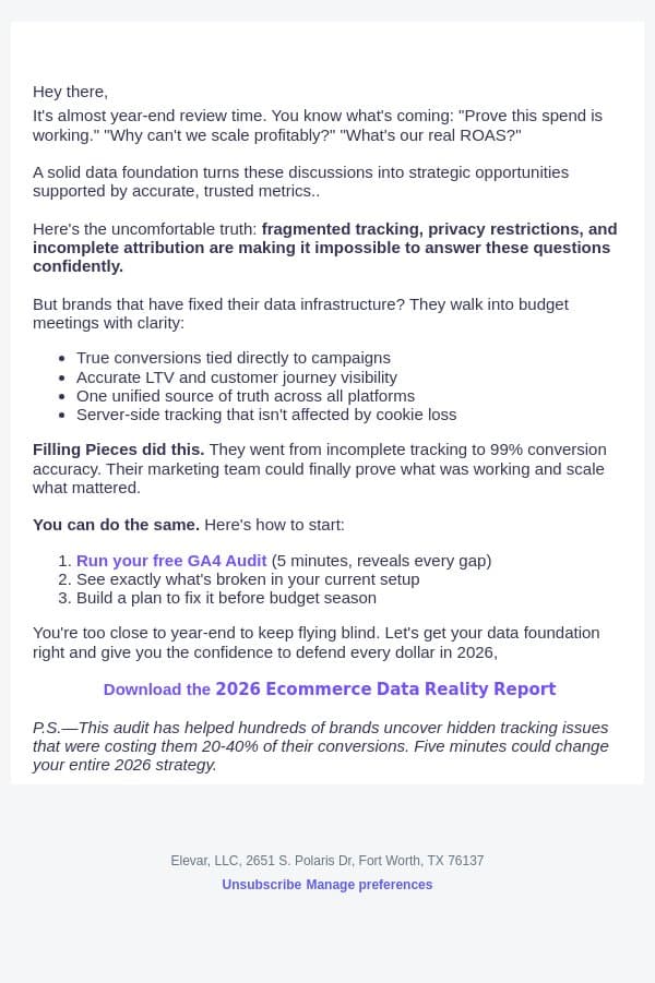 Walk into budget season with a solid data foundation email from Elevar screenshot