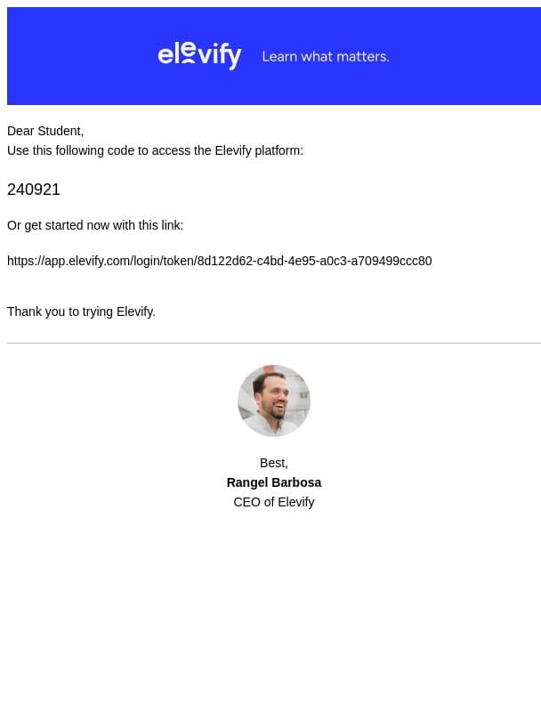 Elevify: Your access code has arrived email from Elevify screenshot