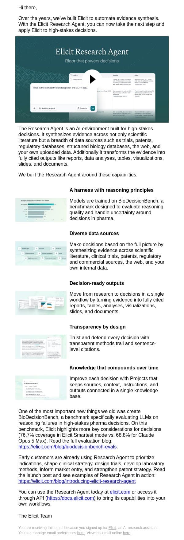 Meet the Elicit Research Agent - Rigor that powers decisions email from Elicit screenshot