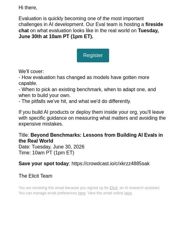 [Fireside chat] Lessons from Building AI Evals in the Real World email from Elicit screenshot