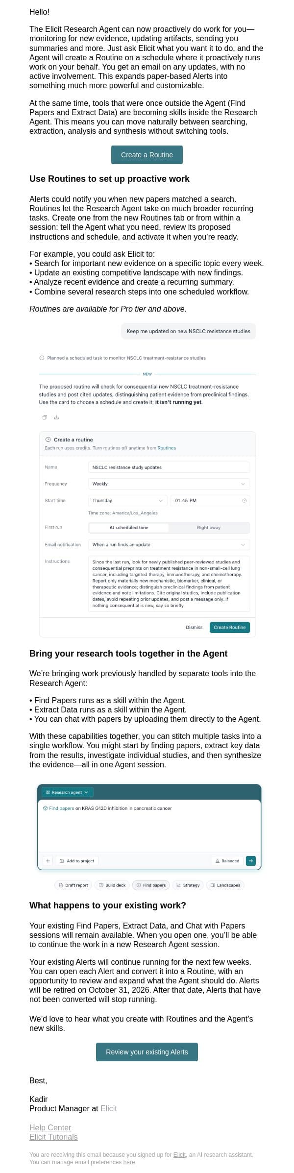 New in Elicit: Routines and more flexible research with the Agent email from Elicit screenshot