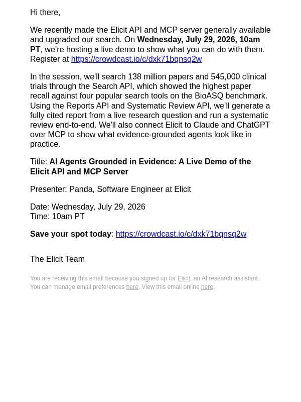 [Live demo] AI agents grounded in evidence email from Elicit screenshot