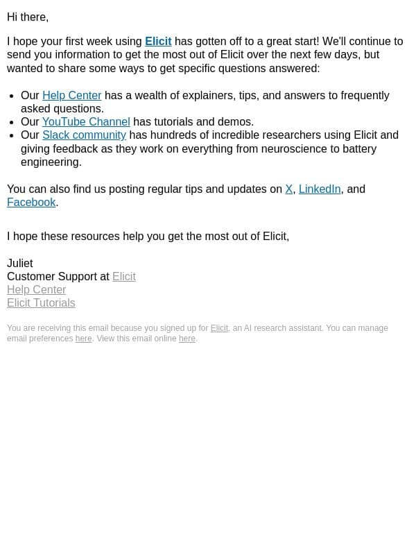Elicit onboarding: Community & resources email from Elicit screenshot