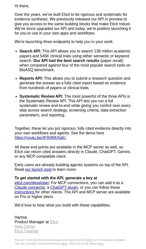 [Officially Live] The upgraded Elicit API and MCP email from Elicit screenshot