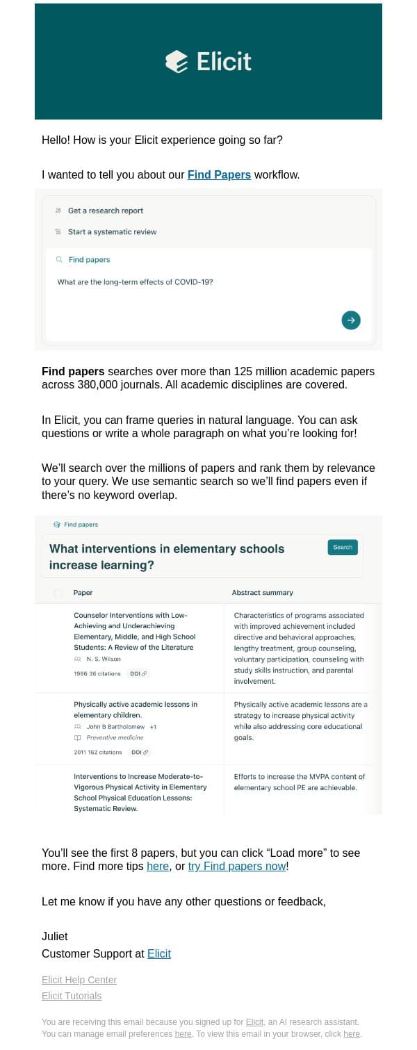 Elicit onboarding: Search over 125 million papers with Elicit email from Elicit screenshot