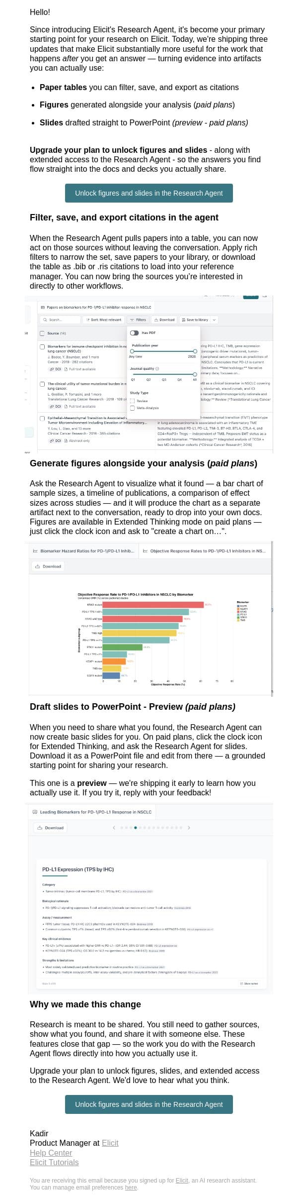 New in Elicit: Tables, figures, and slides in the Research Agent email from Elicit screenshot