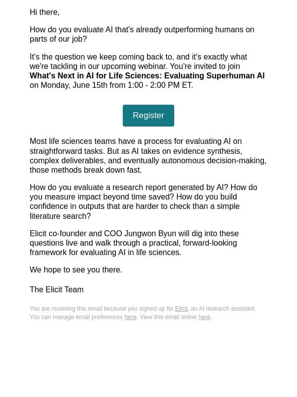 [Webinar Invite] Evaluating Superhuman AI in Life Sciences email from Elicit screenshot
