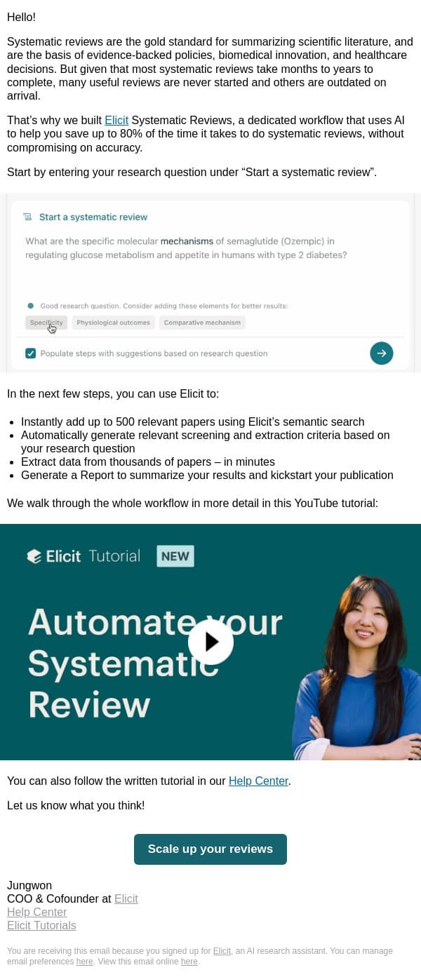 Do scalable systematic reviews in Elicit email from Elicit screenshot