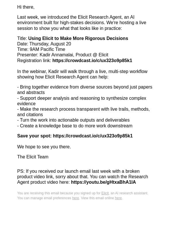 [Live session] Elicit Research Agent in action email from Elicit screenshot