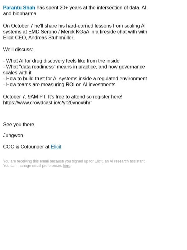 Fireside chat with Scientific Director in Data & AI at Merck KGaA email from Elicit screenshot