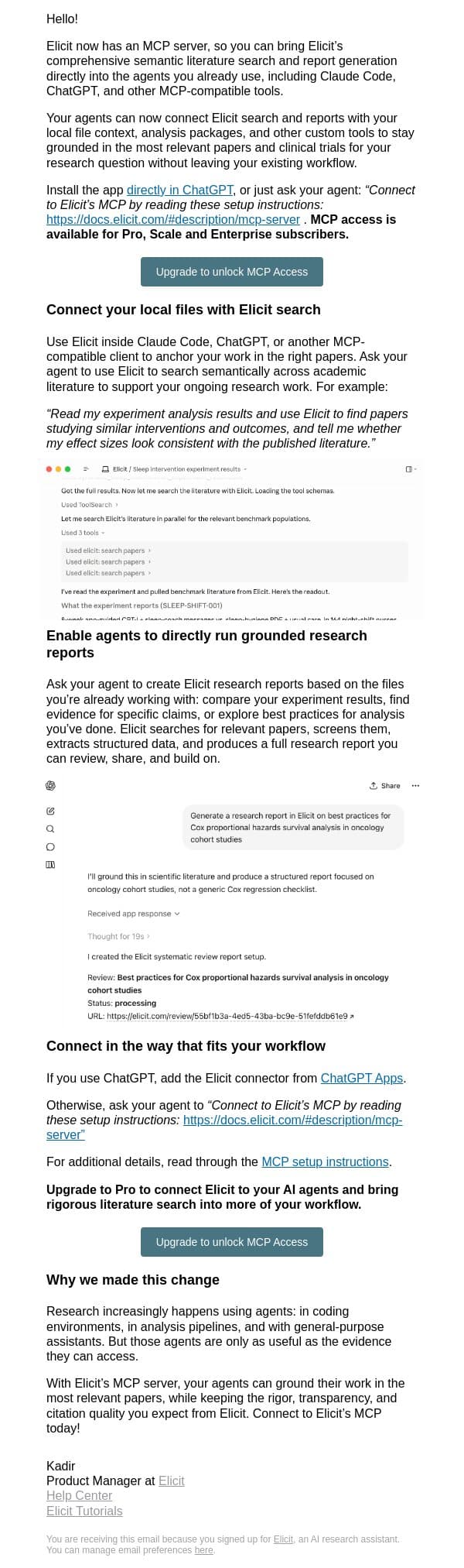 New: Use Elicit’s MCP to bring literature search to your AI agents email from Elicit screenshot