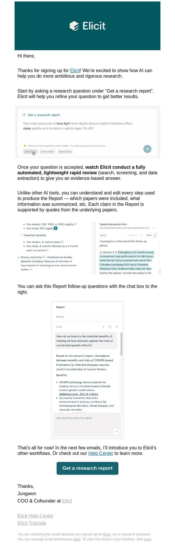 Welcome to Elicit! email from Elicit screenshot