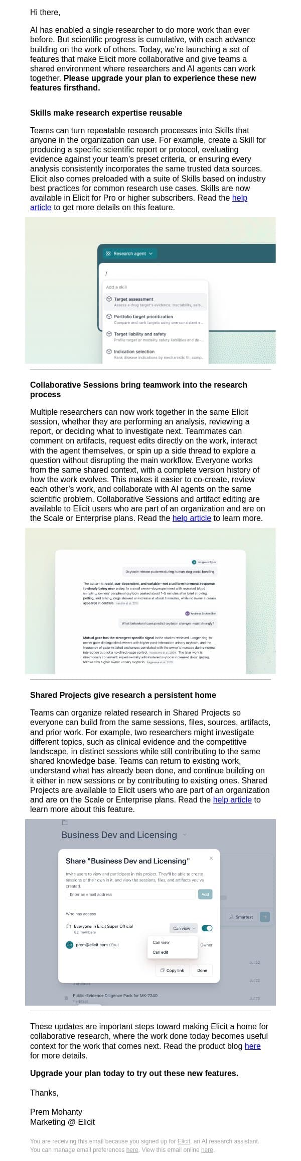 [Product update] AI-powered research is now multiplayer email from Elicit screenshot