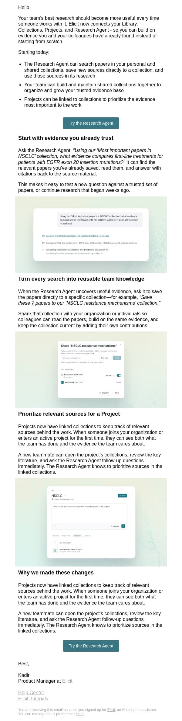 New in Elicit: turn your Elicit Library into a shared research hub email from Elicit screenshot