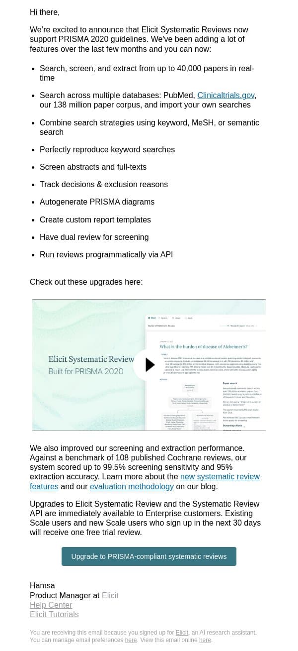 Elicit Systematic Review now supports PRISMA 2020 guidelines email from Elicit screenshot