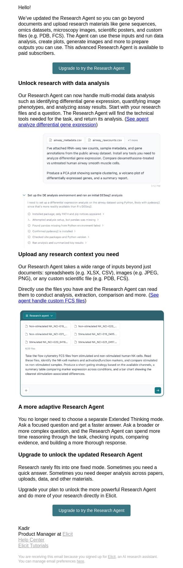 Upload research and analyze data in Elicit email from Elicit screenshot