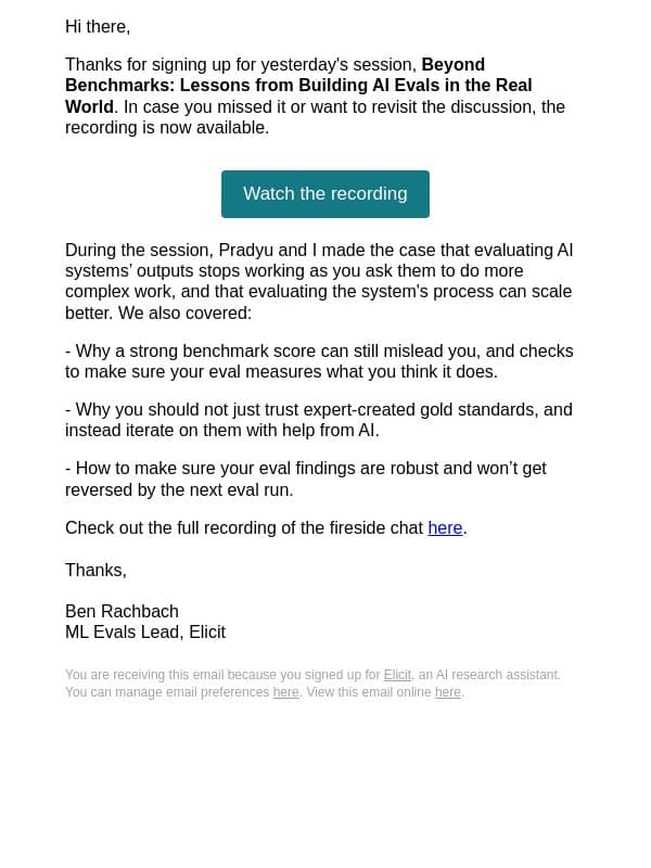 [Recording inside] Lessons from Building AI Evals in the Real World email from Elicit screenshot