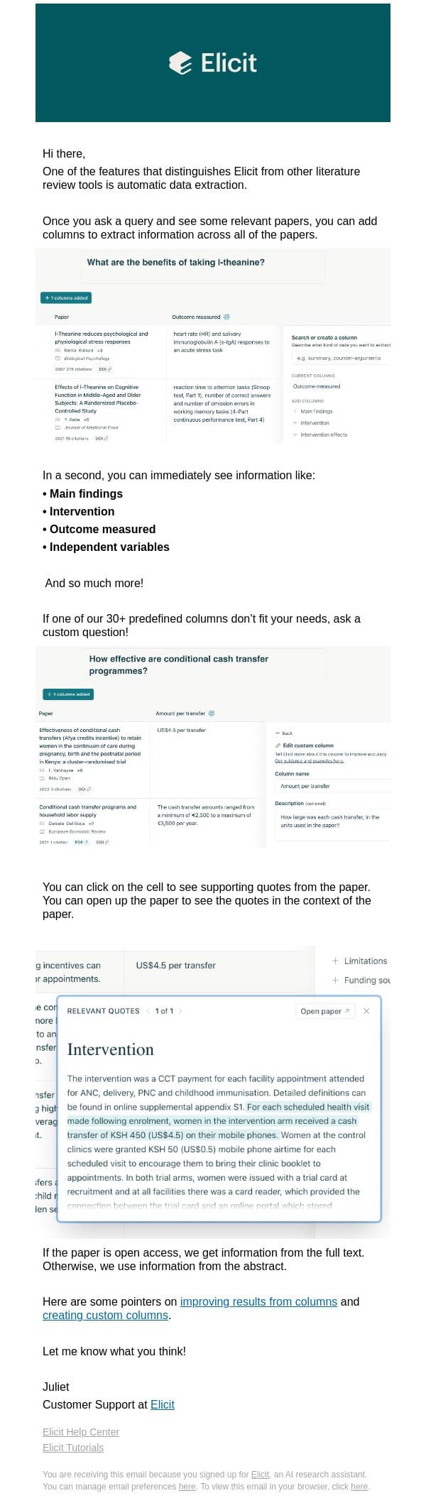 Elicit onboarding: How to extract data and key details from papers in Elicit email from Elicit screenshot