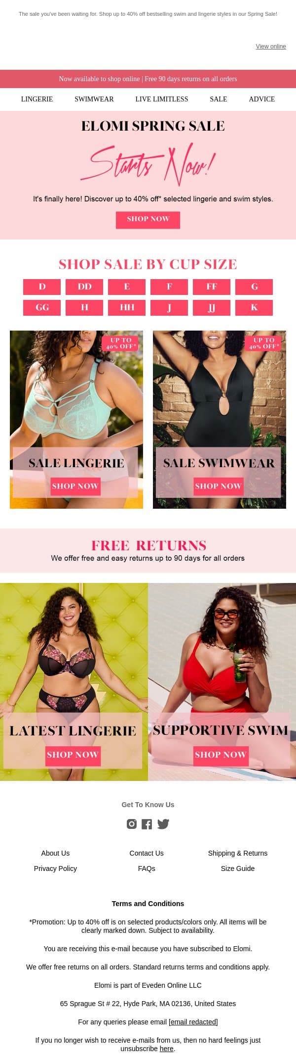 Elomi's Spring Sale Has Arrived! email from Elomi screenshot