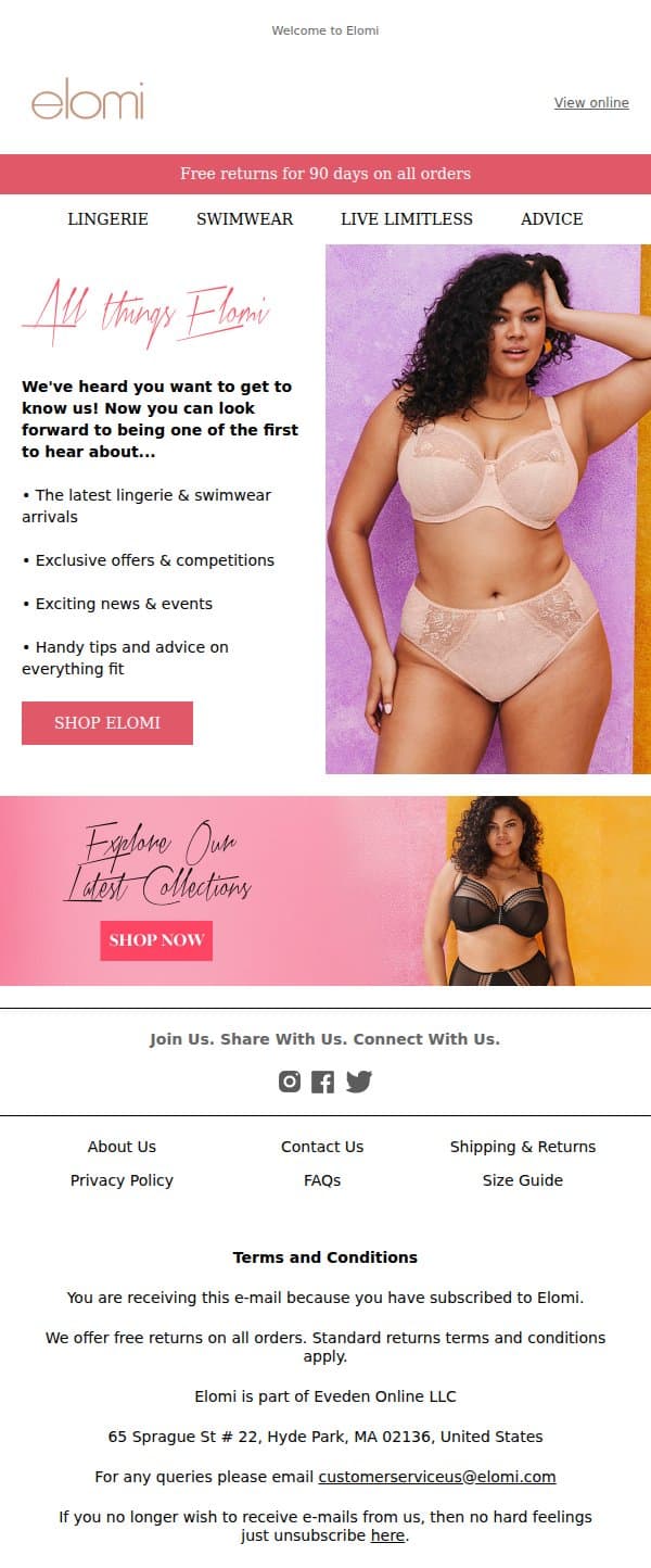 Hey there, we’re glad you could join us… email from Elomi screenshot