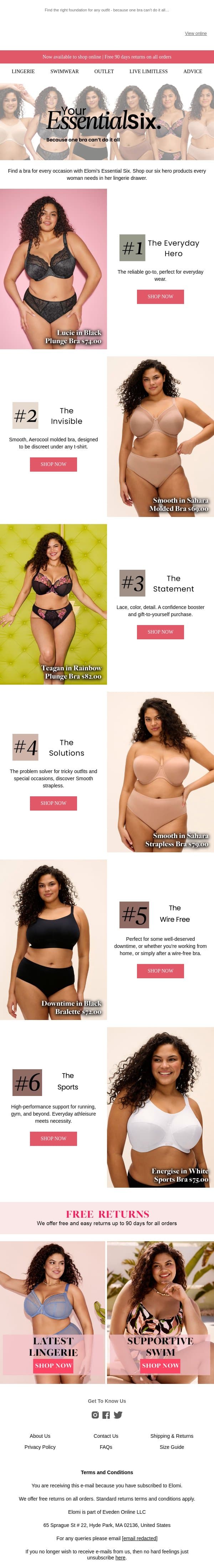 Shop Your Essential Six Bras email from Elomi screenshot