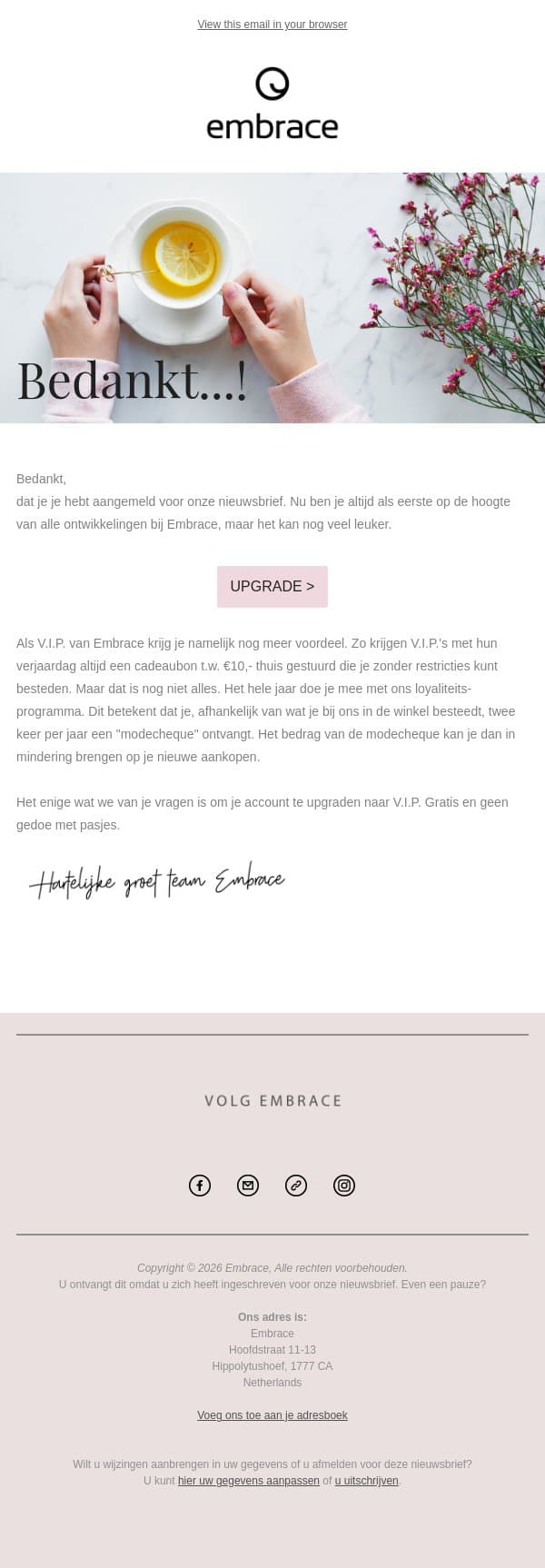 BEDANKT... email from Embrace screenshot