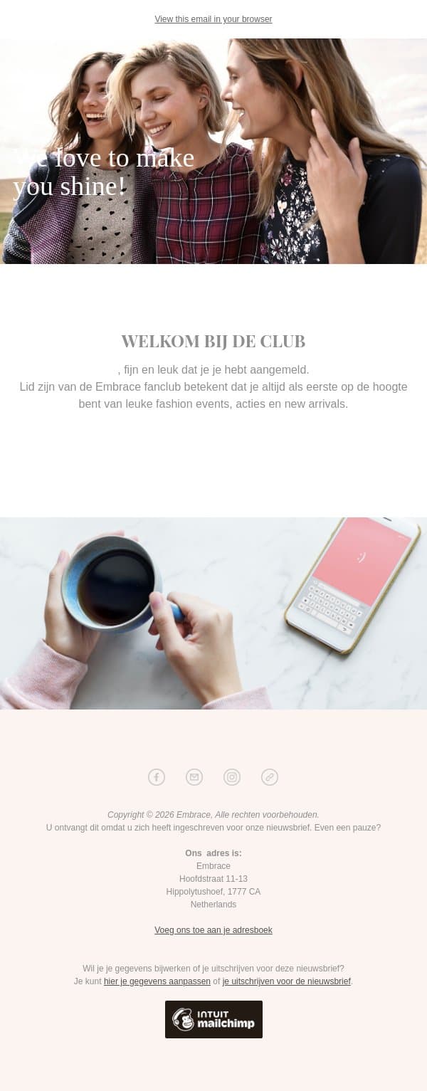 Welkom bij de club email from Embrace screenshot