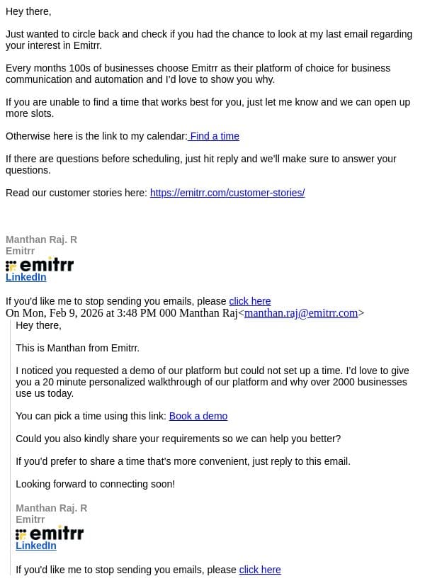 Re: Emitrr Demo Request email from Emitrr screenshot