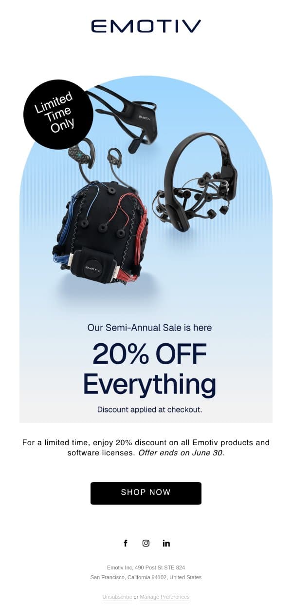 Our Semi-Annual Sale Is Here: Save 20%! 🎉 email from Emotiv screenshot