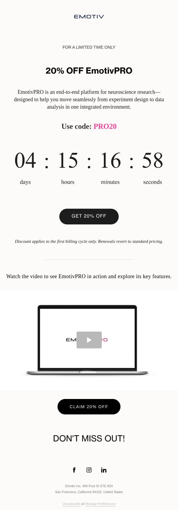 20% Off EmotivPRO — Limited Time email from Emotiv screenshot