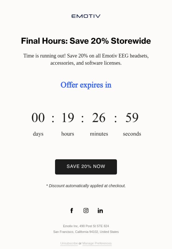 Ends Today: Save 20% on Everything 🙌 email from Emotiv screenshot