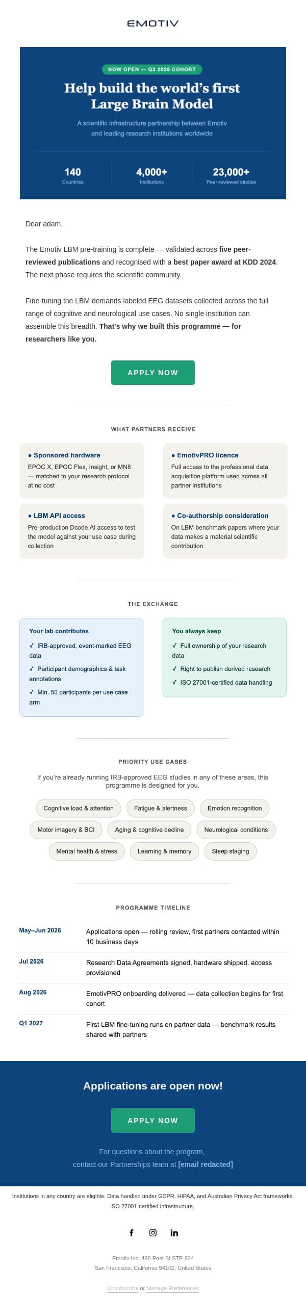 Your lab is invited to shape the future of cognitive AI! email from Emotiv screenshot