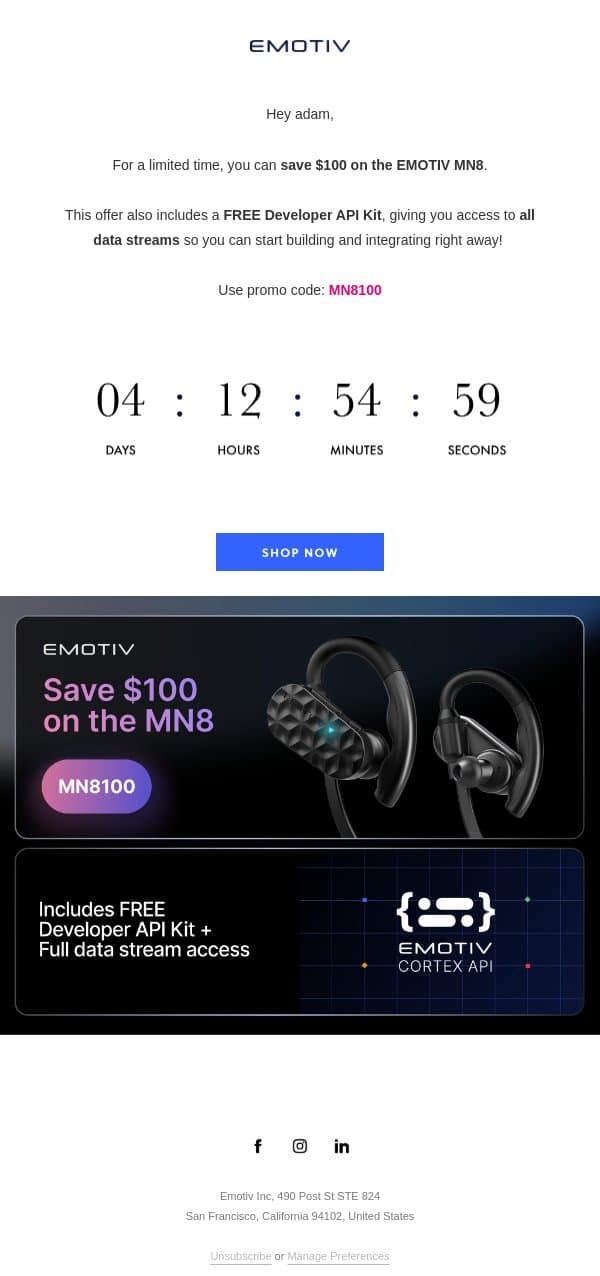 Limited-Time Offer: $100 Off MN8 🎉 email from Emotiv screenshot