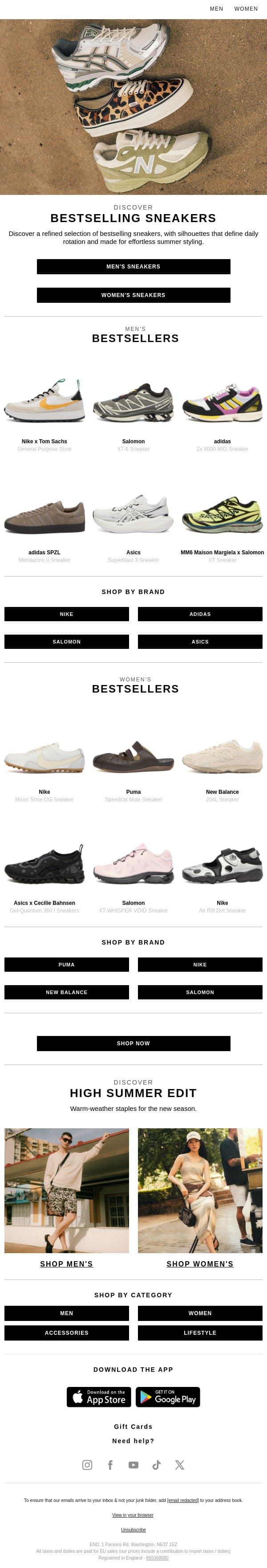 Bestselling sneaker styles | Nike, Salomon, and more email from END. screenshot
