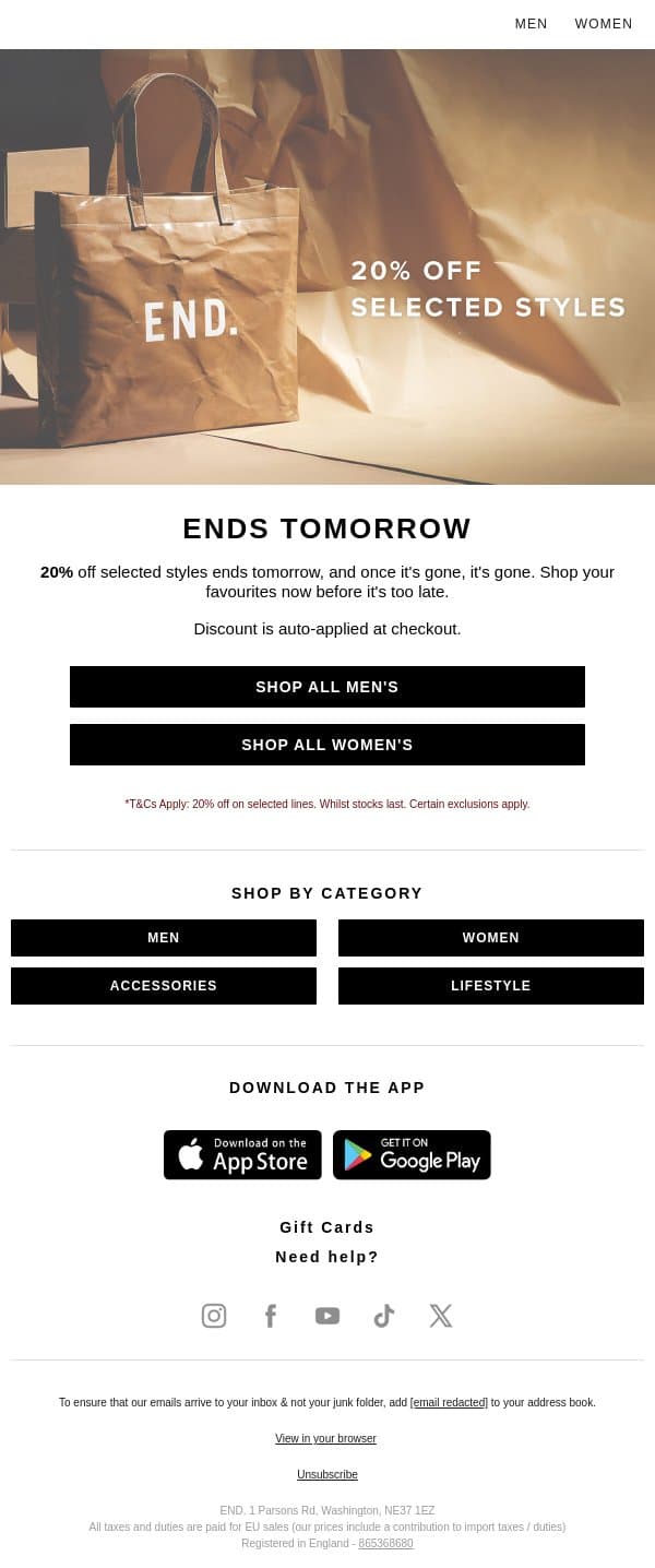 Ends tomorrow: 20% off selected styles email from END. screenshot
